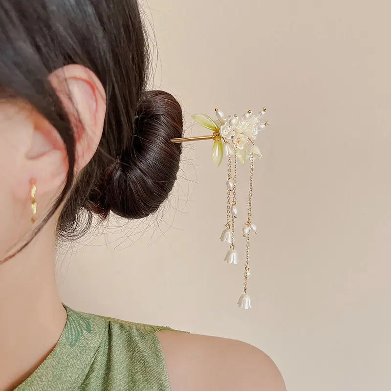 Bell Orchid Pearl Tassel Hairpin Chinese Hanfu Stick Hair Hairpin Shaking Headdress