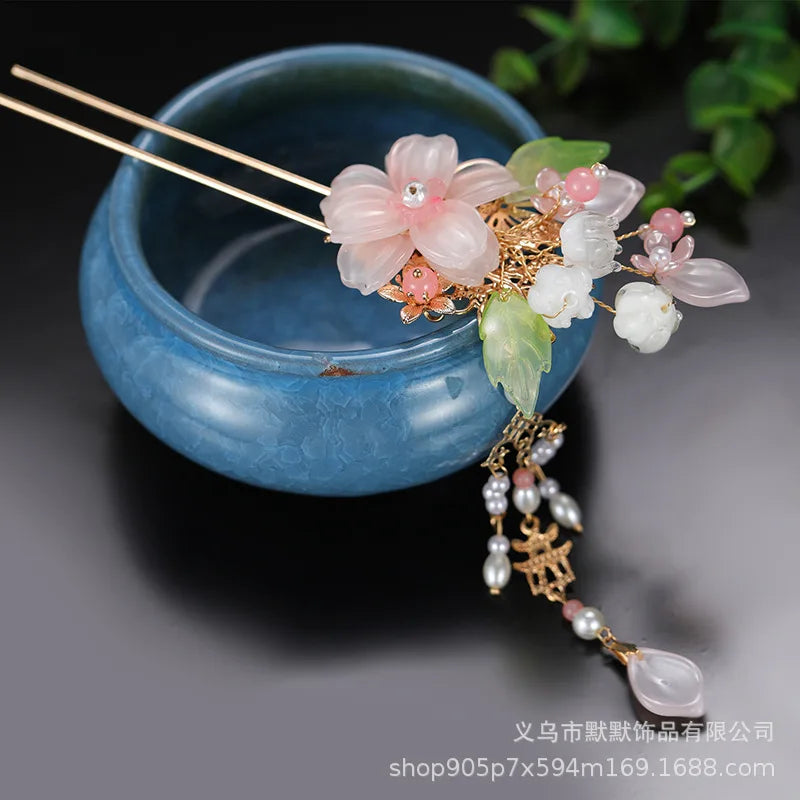 Vintage Hair Sticks Hairpins Chinese Hanfu Hair Accessories Flower Tassel Hair Forks Chopsticks Girls Party Headpiece Jewelry