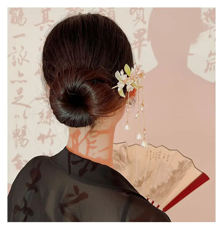 Bell Orchid Pearl Tassel Hairpin Chinese Hanfu Stick Hair Hairpin Shaking Headdress
