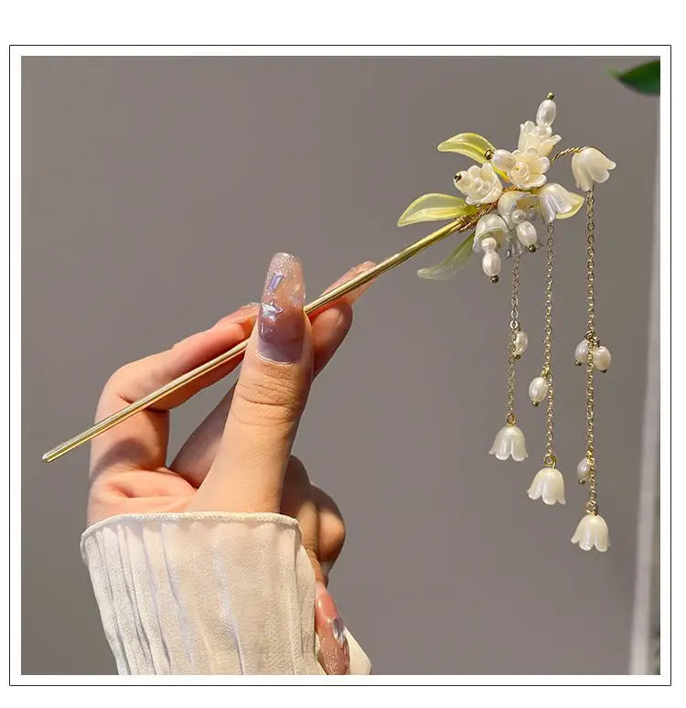 Bell Orchid Pearl Tassel Hairpin Chinese Hanfu Stick Hair Hairpin Shaking Headdress