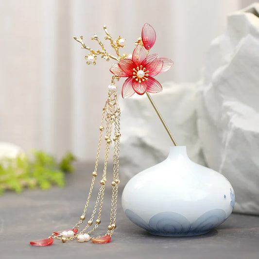 Gold Color Red Flower Pearls Long Tassels Hair Sticks Hairpins Chinese Wedding Hair Accessories Bride Hair Jewelry Headpieces