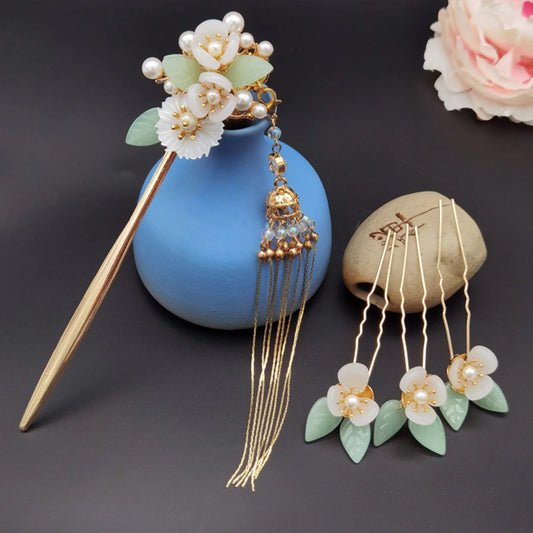 Long Tassel Hairpin Metal Chinese Hanfu Hair Accessories For Women Floral Pearl U-shaped Hair Forks Headpiece Retro Hair Jewelry