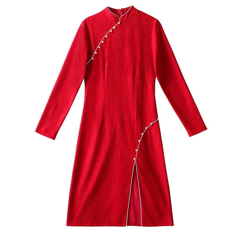 Autumn Elegance Red Lace Qipao