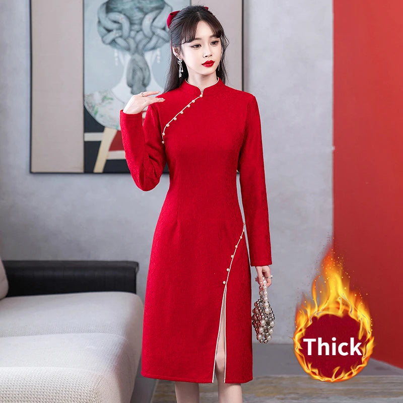 Autumn Elegance Red Lace Qipao
