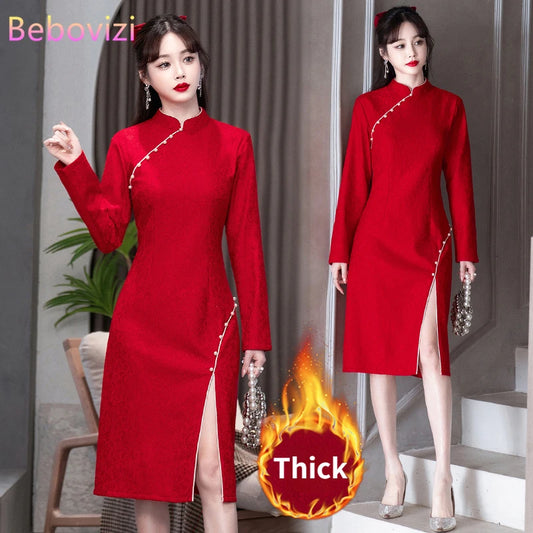 Autumn Elegance Red Lace Qipao