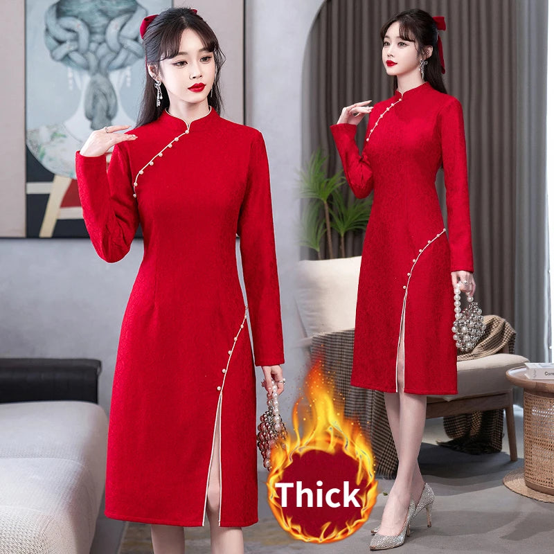 Autumn Elegance Red Lace Qipao